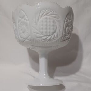 Heavy Tall White Milk Glass Footed Compote Pedestal Bowl Sunburst Sawtooth